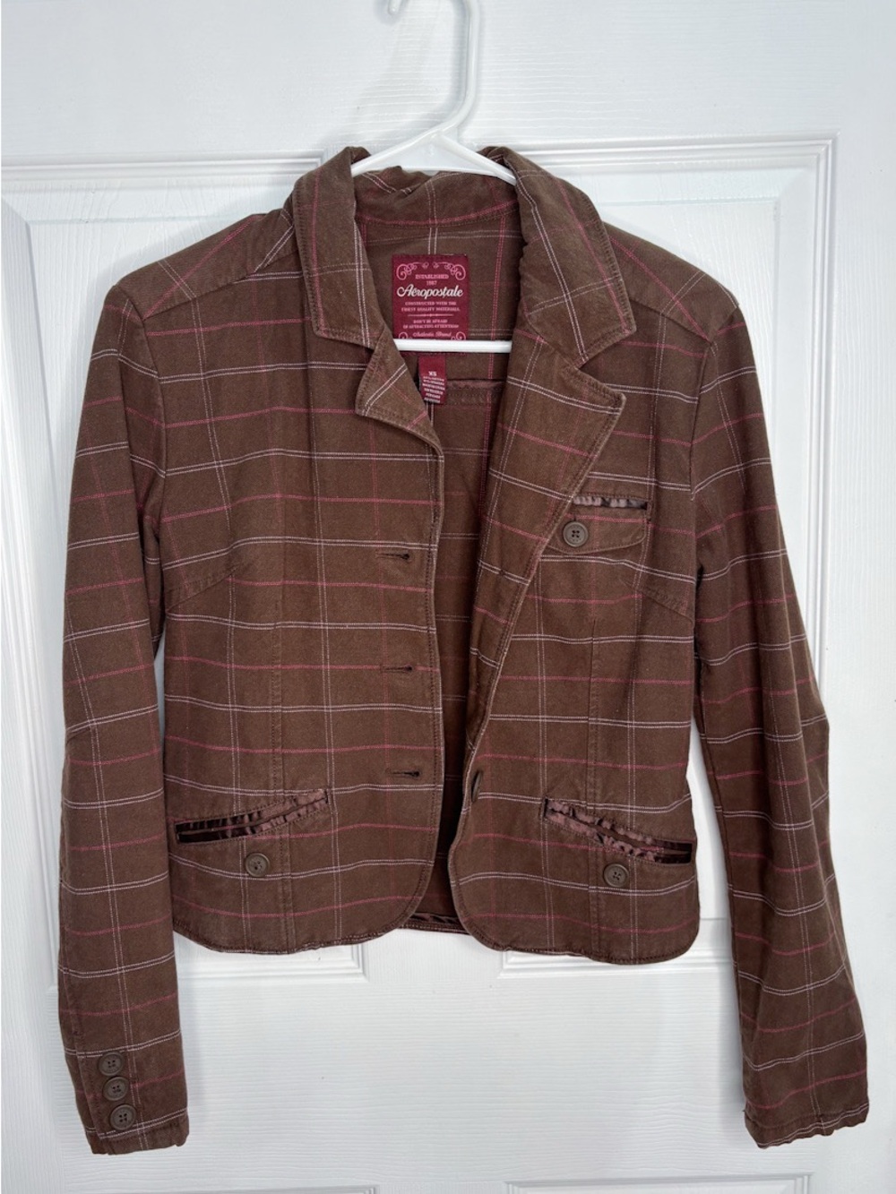 Aeropostale Chocolate Brown and Pink Plaid Cotton Button Up Blazer